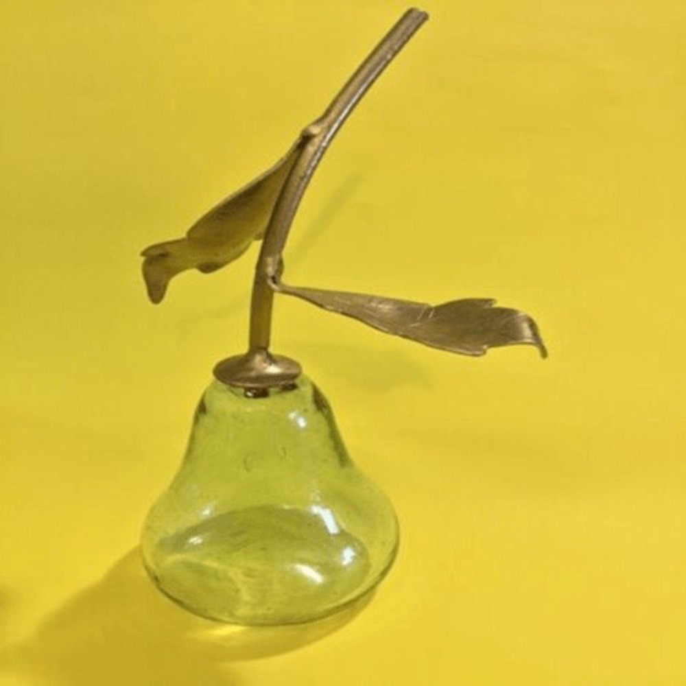 Vintage Hand Blown Clear Art Glass Pear With Metal Brass Leaves 9"‎ Rare